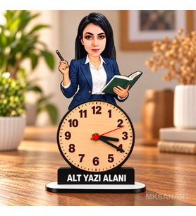 Kişiye Özel Kadın Öğretmen Karikatürlü 18 cm MDF Dikey Masa Saati - Öğretmen Hediyesi Öğretmenler Günü Hediyesi