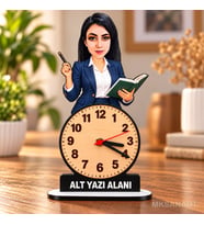 Kişiye Özel Kadın Öğretmen Karikatürlü 18 cm MDF Dikey Masa Saati - Öğretmen Hediyesi Öğretmenler Günü Hediyesi