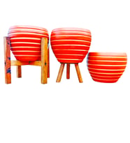 BİTKİ TASARIMI EV DEKORASYON YAN ÇİZGİ DESENLİ TERRAKOTA TOPRAK SAKSI SAKSILIK SALON ÇİÇEKLİK ÜÇLÜ SET - 15 CM
