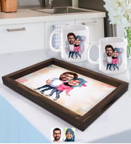 BK Gift Kişiye Özel Sevgililer Karikatürlü Doğal Ahşap Tepsi ve 2’li Kupa Bardak Seti-58