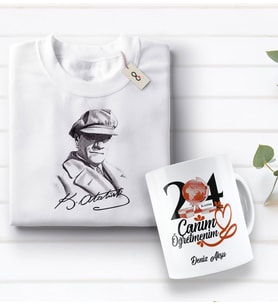 BK Gift Kişiye Özel Öğretmenler Günü Tasarımlı Kupa Bardak ve Atatürk Baskılı Tişört Hediye Seti- 1-14, Öğretmene Hediye, Öğretmenler Günü, 100. Yıl Hediyesi