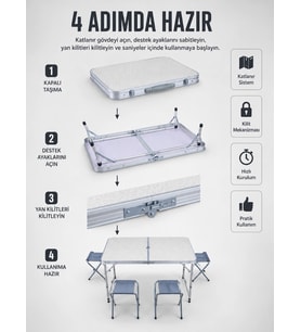 Valiz Tipi Katlanabilir Piknik Masası 4 Tabureli Taşınabilir Kamp Masası