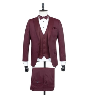 Bordo Armürlü Mono Yaka Astarlı Yelekli 6 Drop Slim Fit Smokin Damatlık 1001195219