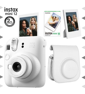 Instax mini 12 Beyaz Fotoğraf Makinesi-10'lu Film-Çerçeve ve Deri Kılıf Seti