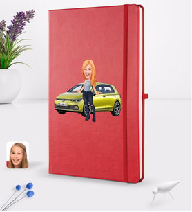 BK Gift Kişiye Özel Plakalı Kadın Volkswagen Golf Karikatürlü Kırmızı Termo Deri Defter 16x24cm Model 2