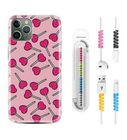 Apple iPhone 11 12 13 14 Pro Max Kılıf Kablo Koruma Spiral Silikon Heart Lollipop 1414
