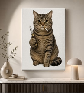 BK Gift Bıçak Tutan Sigaralı Tekir Kedi Portresi Mizahi Minimalist Kanvas Duvar Tablosu 50x70 cm