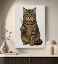 BK Gift Bıçak Tutan Sigaralı Tekir Kedi Portresi Mizahi Minimalist Kanvas Duvar Tablosu 50x70 cm