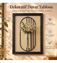 Siyah Ahşap Çerçeveli Hasır Zeminli Metal Detaylı Tüp Vazolu Dekoratif Duvar Tablosu - 21x30 cm