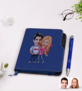 BK Gift Kişiye Özel Sevgililer Karikatürlü Lacivert Termo Deri Defter Kalem Seti-5