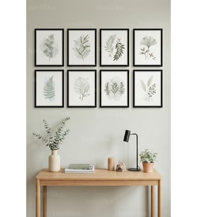 8 Parça Soft Yeşil Botanik Minimal Dekoratif Çerçeve Görünümlü Tablo Seti - Bitki ve çiçek Tema