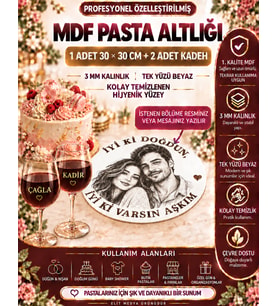 Kişiye Özel Fotoğraflı MDF Pasta Altlığı ve İsimli 2 Kadeh Seti – 30×30 cm