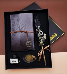 Kişiye Özel Tüylü Kalem Deri Defter Hediye Seti & Mürekkepli Kalem - Divit Kalem Hediye Seti - İsim Baskılı Deri Defter - Tüylü kalem