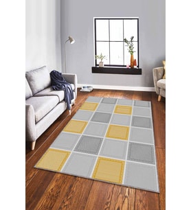 Sarı Geometrik Kaymaz Taban Makinede Yıkanabilir Halı DM001 - 100 x 160 cm