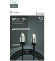 60W PD 3.0 Limpio Type-C to Type-C Hızlı Şarj ve Data Kablosu 1m Siyah