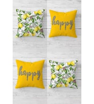 Limon Desenli Ve Happy Yazılı Gizli Fermuarlı Kırlent Kılıfı Koltuk Yastık Kılıfı Takım(4adet) (Sarı-Yeşil)