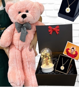 Büyük Boy Pembe Peluş Ayıcık ve Kolyeli Fotoğraflı Hediye Kutusu - Premium Set (Model 5)