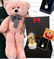 Büyük Boy Pembe Peluş Ayıcık ve Kolyeli Fotoğraflı Hediye Kutusu - Premium Set (Model 5)