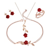 925 Ayar Gümüş Zirkon Taşlı Gül Kolye Küpe Bileklik Yüzük Seti (Rose)