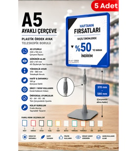 5 Adet - A5 Ayaklı Çerçeve Seti Plastik Ördek Ayak Teleskopik Borulu Fiyat Etiketliği Yönlendirme Levhası Menü Panosu Mavi