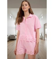 Kadın Pamuklu Regular Kalıp Kısa Kollu Pijama Takımı Trend Tasarım (Pembe)