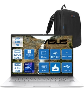Asus Zenbook 14 Intel Core Ultra 9 285H 32GB LPDDR5X 4tb 14" 3k OLED 120Hz 600NIT Intel Arc Graphics Windows 11 Pro Taşınabilir Bilgisayar UX3405CAP04 + Zettaçanta