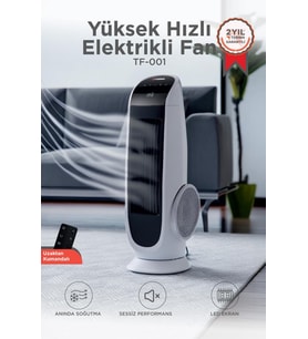 Vantilatör Kule Tipi Uzaktan Kumandalı Dijital Göstergeli Elektrikli Fan TF001 Beyaz