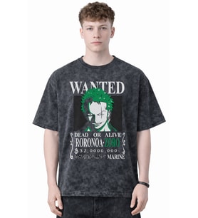 Tasarım Wanted Roronoa Zoro One Piece Anime Baskılı Unisex Oversize Eskitme Yıkamalı Tişört