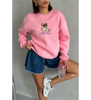 Neşeli butik kadın pembe içi pamuklu nakış detaylı sweat NBG035