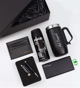 Kişiye Özel Siyah Kulplu 280 ML Çelik Termos & Siyah Renk 10.000 Mah Powerbank & 32 GB Usb Siyah Touch Kalem & Siyah Kartlık & Erkek Deodorant Hediye Seti