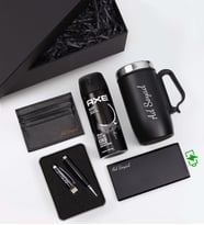 Kişiye Özel Siyah Kulplu 280 ML Çelik Termos & Siyah Renk 10.000 Mah Powerbank & 32 GB Usb Siyah Touch Kalem & Siyah Kartlık & Erkek Deodorant Hediye Seti