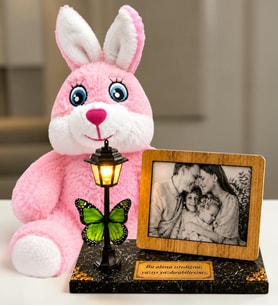 Kişiye Özel Karakalem Fotoğraflı Siyah Mermer Desenli Masa Lambası ve Peluş Tavşan