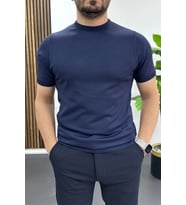 Erkek Düz Desen Bisiklet Yaka Tişört Lacivert Edw459