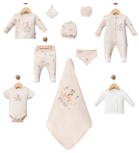 Hediyelik Premium Erkek Bebek Hastane Çıkış 10 Parça Kutulu Zıbın Set Organik Pamuk (Krem)