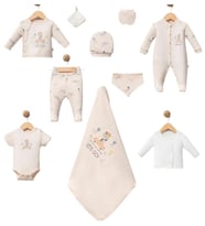 Hediyelik Premium Erkek Bebek Hastane Çıkış 10 Parça Kutulu Zıbın Set Organik Pamuk (Krem)