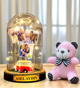Kişiye Özel Led Işıklı Biblolu Fanus ve Pembe Peluş Ayıcıklı Anahtarlık (Model 6)