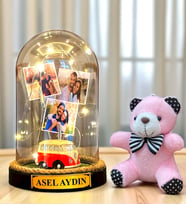Kişiye Özel Led Işıklı Biblolu Fanus ve Pembe Peluş Ayıcıklı Anahtarlık (Model 6)