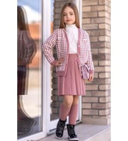 Kız Çocuk Kolları ve Yakası İnci Detaylı Bluz Kazayağı Desenli Triko Ceket Pembe