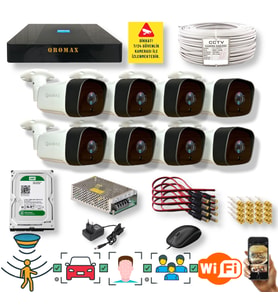 8 KAMERALI SET - ARAÇ İNSAN YÜZ TANIMALI HAREKET ALGILAYAN GECE GÖRÜŞLÜ 36 IR LED 5MP SONY LENSLİ 1080P FULL HD METAL KASA GÜVENLİK KAMERASI SETİ 5236