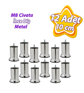 12 Adet Metal Destek Ayağı 10 Cm Krom Mobilya Kanepe Baza Koltuk Ünite Ayakları Metrik 8 Civatalı İnce Diş
