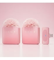 PuffMic Pembe Tüylü Kablosuz 2'li Yaka Mikrofonu Type-C Lighting Uyumlu Canlı Yayın Mikrofonu