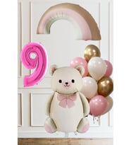 7 Yaş Doğum Günü Krem Papyonlu Ayı Pembe Gökkuşağı ve 10 Balonlu Balon Seti (09)