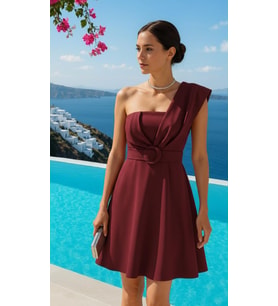Kadın Tek Omuz Detaylı Kemerli Scuba Kumaş Mini Elbise (Bordo)