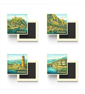 Amasya - Baskılı Buzdolap Magneti Kare - 9x9 cm - 4 Adet