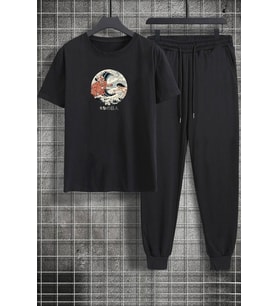 Unisex Kanagawa Oki Nami Ura Baskılı 2'li Eşofman Takımı (Siyah)