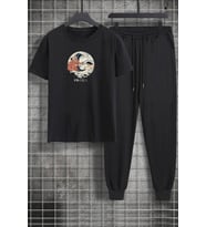 Unisex Kanagawa Oki Nami Ura Baskılı 2'li Eşofman Takımı (Siyah)