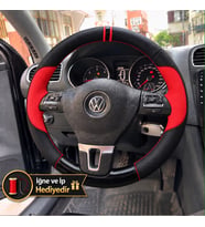 Vw Sharan 2 Dikme Direksiyon Kılıfı Parlak Siyah Kırmızı Detaylı Kırmızı Çift Yüzük ve Dikiş 2010-2015