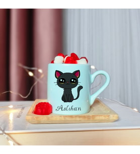Kedi  Tasarımlı Kişiye Özel Yeşil Türk Kahvesi Fincanı