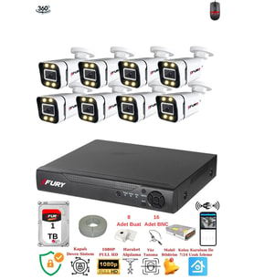 FURY 8 Kameralı Full Hd Gece Renkli - Su Geçirmez Ultra Led Güvenlik Kamerası Seti 1TB