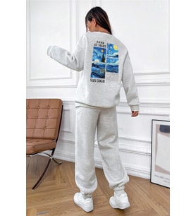 Van Gogh Sırt Baskılı Unisex Eşofman Takımı (Gri)